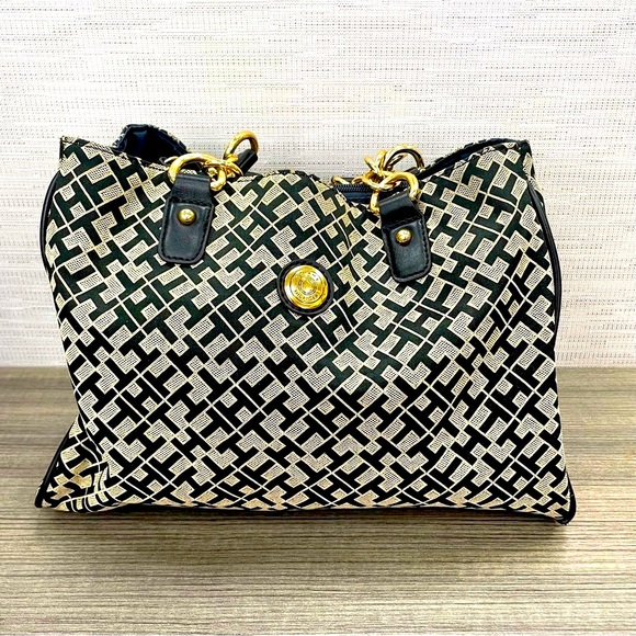Tommy Hilfiger Handbags - Tommy Hilfiger Monogram Stylish Tote Bag Black and Gold